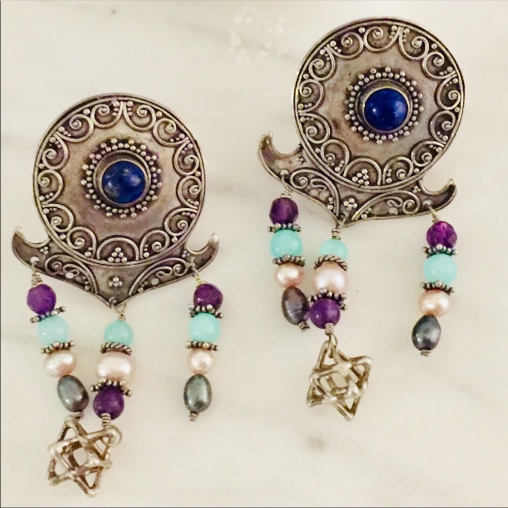 Sacred Geometry Lápiz and pearl merkaba earrings